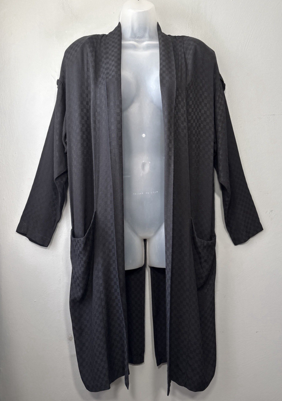 Vintage Black Duster Jacket Size 8 Checkerboard Gothic Steampunk Smoking Kimono